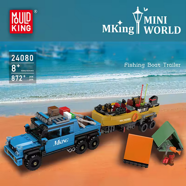 Mould King 24080 Pickup mit Angelboot & Anhänger Modellbausatz – Camping Set (872 Teile) MK