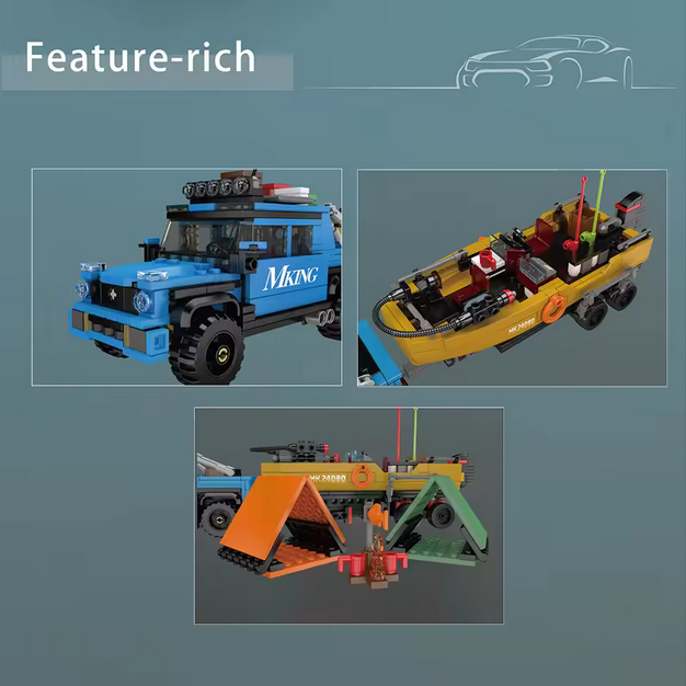 Mould King 24080 Pickup mit Angelboot & Anhänger Modellbausatz – Camping Set (872 Teile) MK