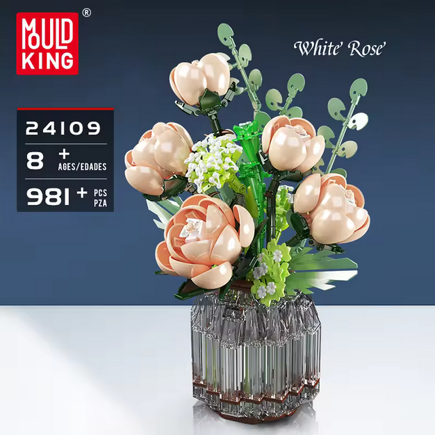 Mould King 24109 Weißer Rosenstrauß mit Vase – Blumen Deko Modell (981 Teile) MK
